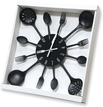 Timelike Wall Clock, 16" Metal Kitchen Cutlery Utensil Spoon Fork Wall Clock Creative Modern Home Decor Antique Style Wall Watch (Black)