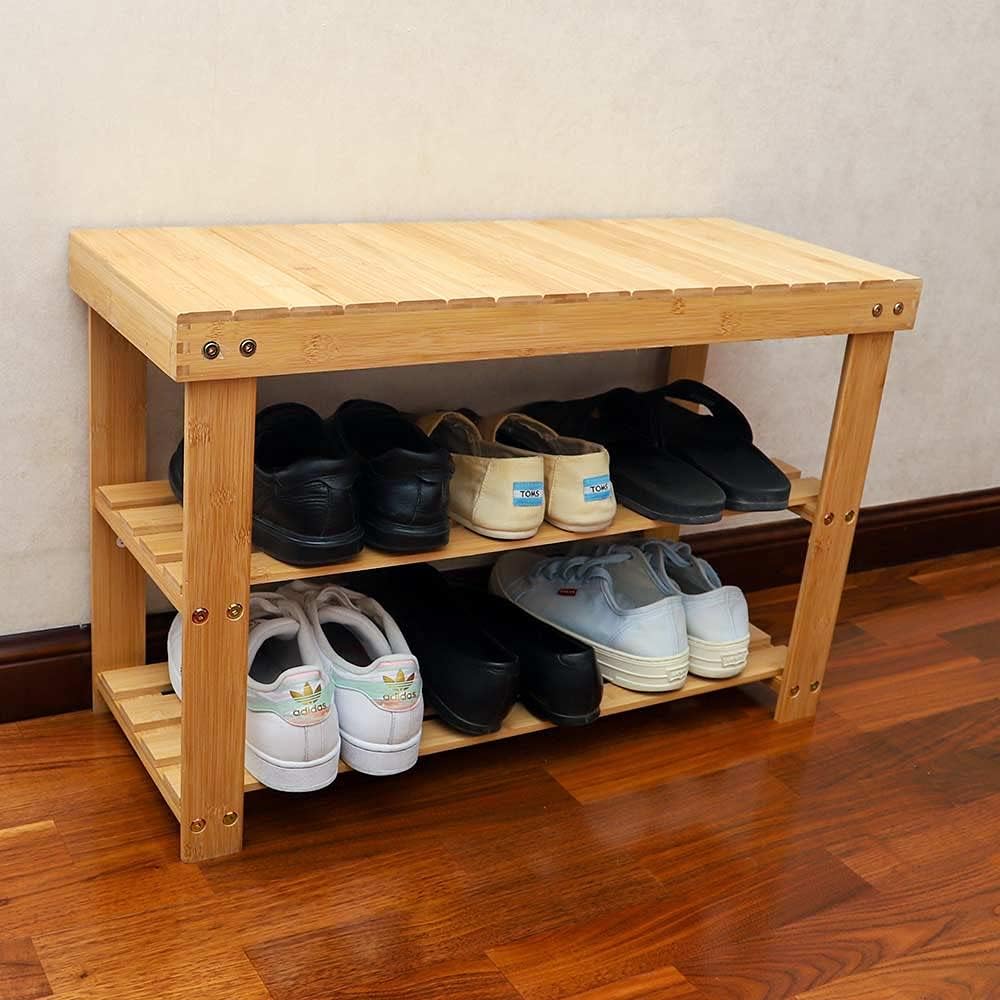 YAHOME 3 Tier Wooden Bamboo Shoe Storage Bench Shoe Rack Shoe Storage Cabinet With Seat Ideal For Hallway, Bathroom, Living Room And Corridor