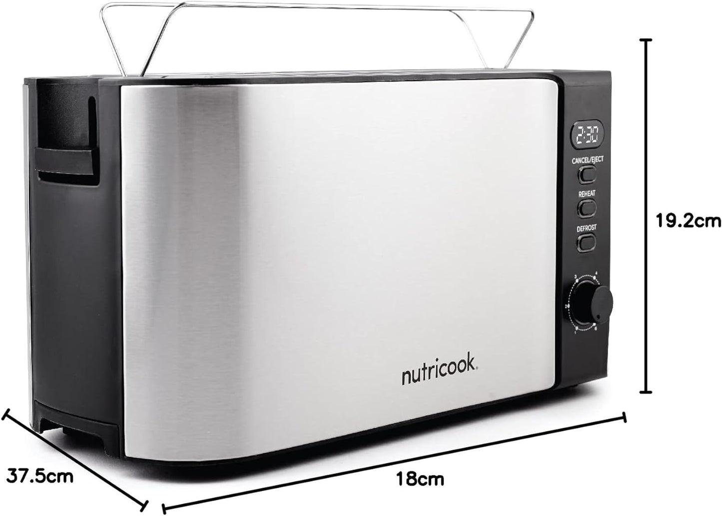 Nutricook Digital 4-Slice Toaster with LED Display, Stainless Steel Toaster with 2 Long & Extra Wide Slots, 6 Toasting Levels, Defrost|Reheat|Cancel,Removable CrumbTray,1500W,T104S, 2 year Warranty"