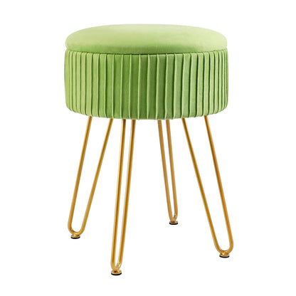 XTECH Stripe Velvet Vanity Chair Round Ottoman,Upholstered Vanity Makeup Footstool Side Table Dressing Chair with Golden Metal Legs (Green), DBXT7164-70