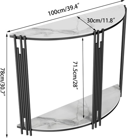 Wisfor Half Moon Console Table Hallway: 2-Tier White Marble Tables 100x30x78cm Slim Semi-Circle Entrance Hall Table Sintered Stone Entryway Table Modern Sofa Side Table for Porch, Living Room