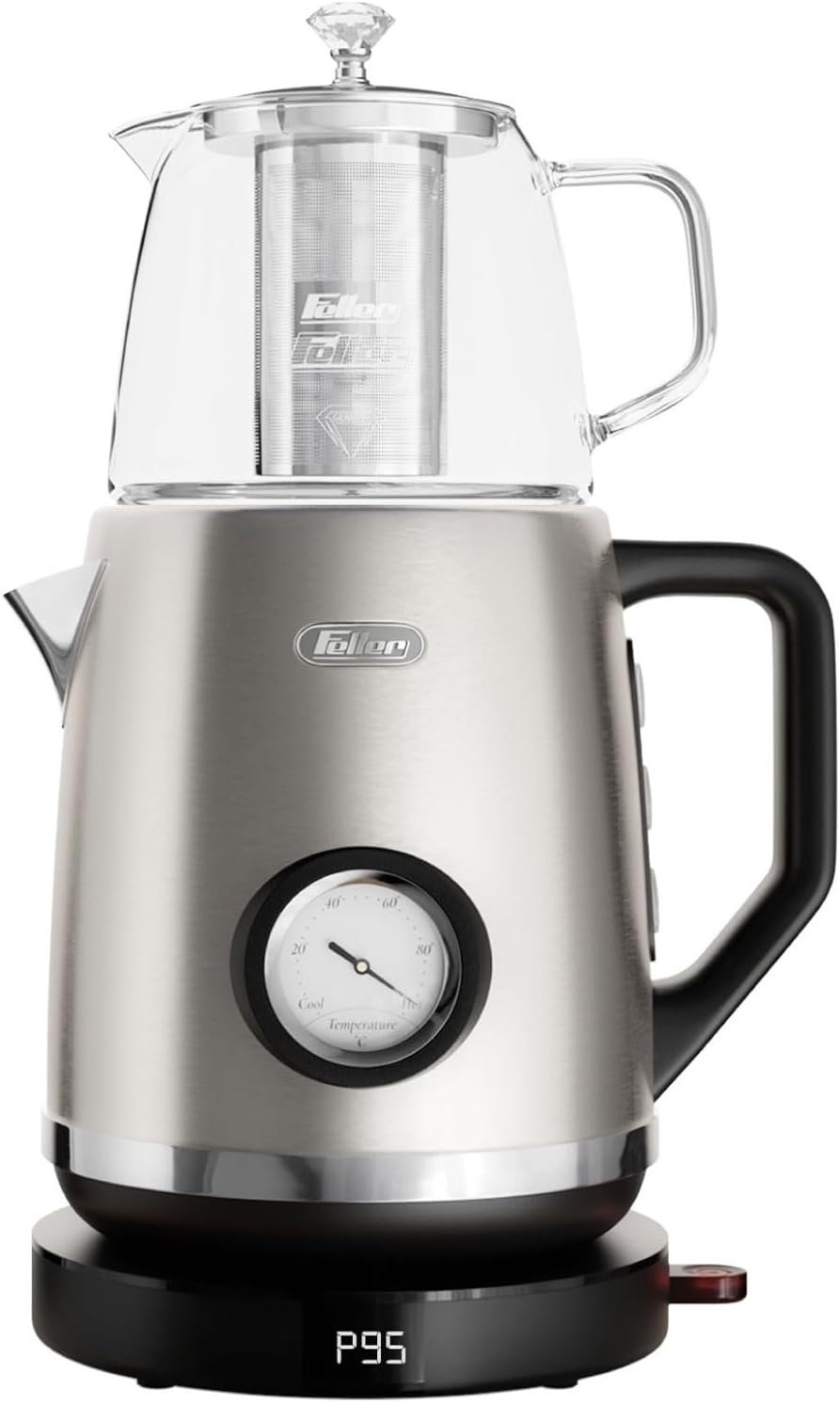 Feller Germany, Retro Style 1.7L 2-in-1 Stainless Steel Tea Maker+Kettle, 2200W, 85/95/100°C Adjustable Touch-Sensitive Temp Setting,LED Display, TS290,2Y Guarantee-UAE Version (Black)