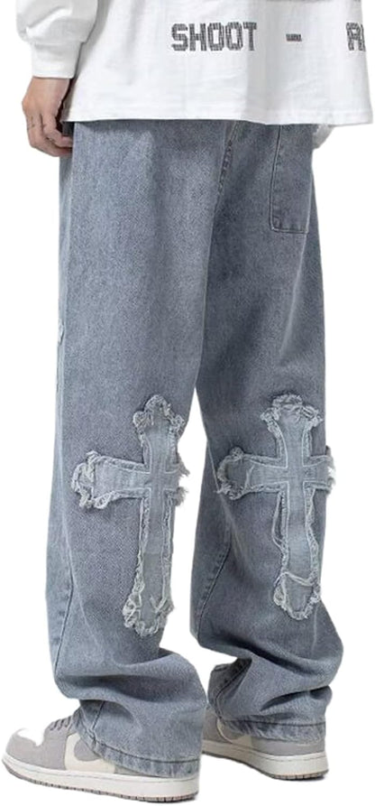 FantasyGears Y2k Jeans Men Grunge Hip Hop Baggy Pants Straight Leg Graphic Denim Joggers Loose Goth Trousers Streetwear