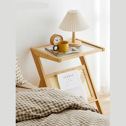 Makeup Toy Bamboo and Rattan Harmony: Modern Z-Shaped Nightstand with Glass Top - Stylish and Practical Accent Furniture for Bedroom and Living Room. Perfect for Small Spaces, Apartments.