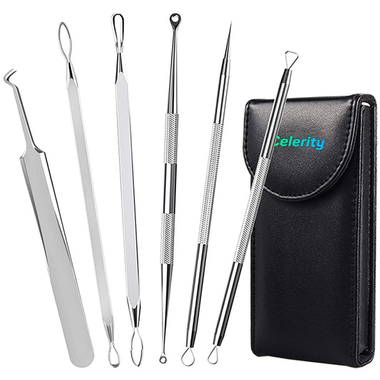 Celerity 06 Piece Professional Stainless steel Tweezer kit With Leather Case |Blackheads Pimple Acne Remover Plus Comedone Extractor tweezers Eyebrow Facial Hairs for Women and Men Beauty