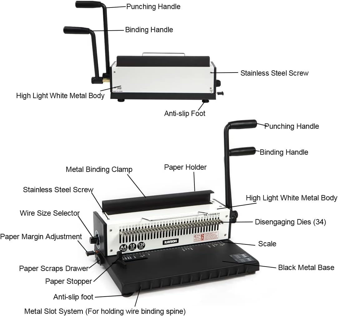 Rayson Wire Binding Manual Machine TD-1500B34,Binding Capacity 120 sheets (A4,80g),15 Sheet Punching Capacity,3:1 Pitch 34 Hole Book Binder,Wire Binding Machine