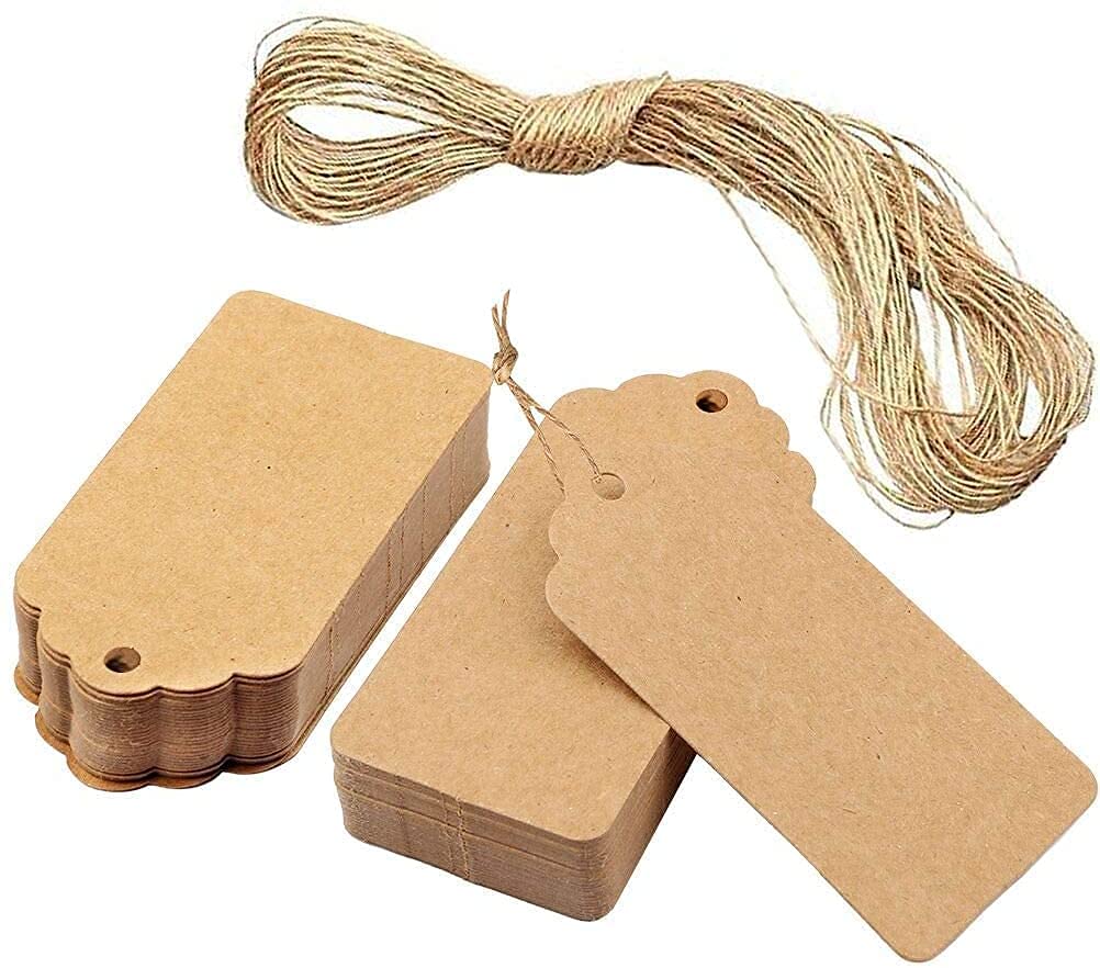 Premify 100Pcs Kraft Paper Gift Tags with 10m Natural Jute Twine | Birthday Wedding Gift Wrap with These Rectangle Hang Labels, Useful in Gifts Wrapping