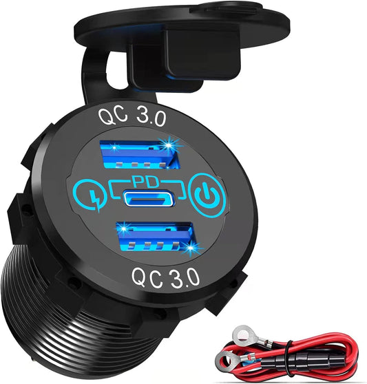 12v USB C Car Charger Socket - 12v USB Outlet Aluminum Metal 20W PD Type-C and 18W QC3.0 Multi Car USB Ports with Touch Switch Car Outlet Waterproof for Car Boat Marine RV Golf Cart Motorcycle