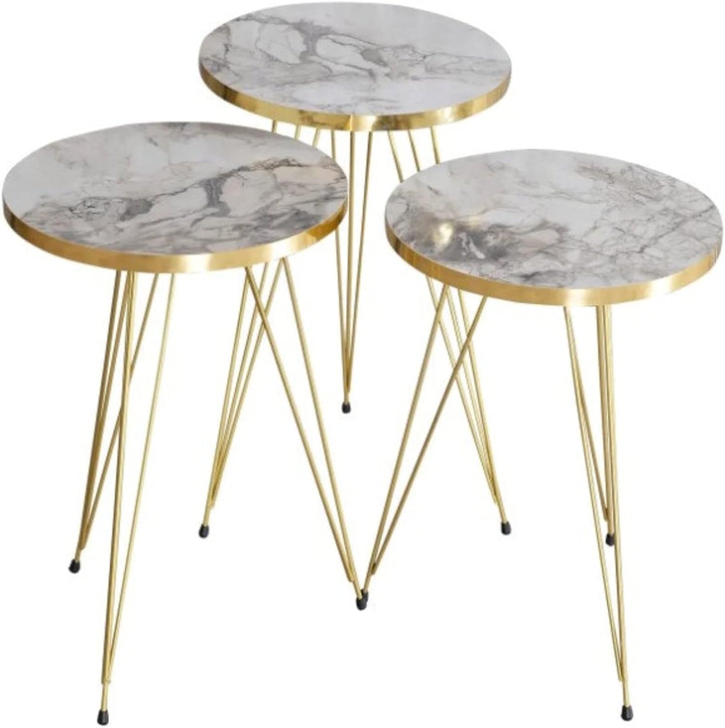 LHFHOMT- Round Coffee table set Nesting Coffee Table Set of 3 Pieces, Wooden Top, Gold Metal legs End Table Desk for Living Room, Balcony, Office, Sofa Side (White - Black Lines)