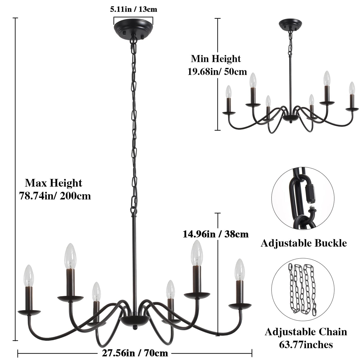 MRHYSWD Black Chandeliers Ceiling Lights Living Room, 6 Lights Pendant Light Fitting Industrial Ceiling Lighting for Kitchen Dining Room Bedroom Hall, Height Adjustable, E14 Bulbs (Exclude)