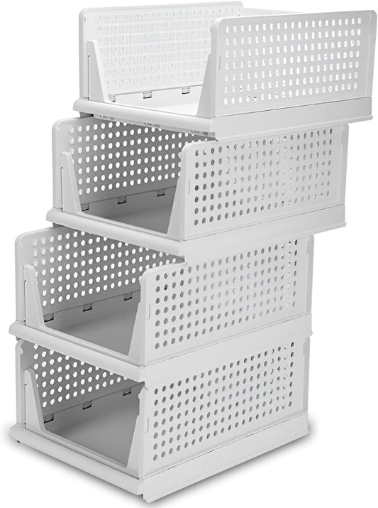 Occuwzz Stackable Plastic Storage Basket-Foldable Closet Organizers Storage Bins 4 Pack-Drawer Shelf Storage Container for Wardrobe Cupboard Kitchen Bathroom Office