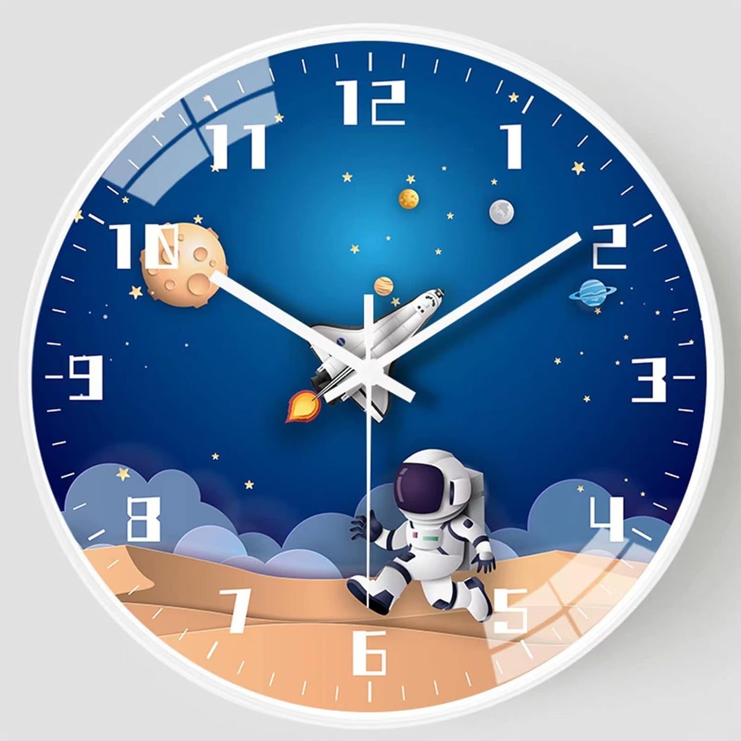 QINFIEY 12 Inch Silent Movement Kids Wall Clock, Non Ticking Children Round Wall Clock Battery Operated Space Travel Style Decor Children Clock for Home School Boys Bedroom Living Room (Blue)