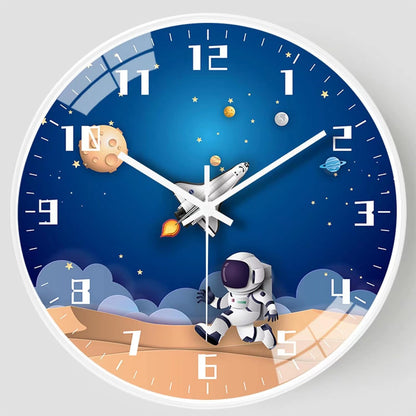 QINFIEY 12 Inch Silent Movement Kids Wall Clock, Non Ticking Children Round Wall Clock Battery Operated Space Travel Style Decor Children Clock for Home School Boys Bedroom Living Room (Blue)