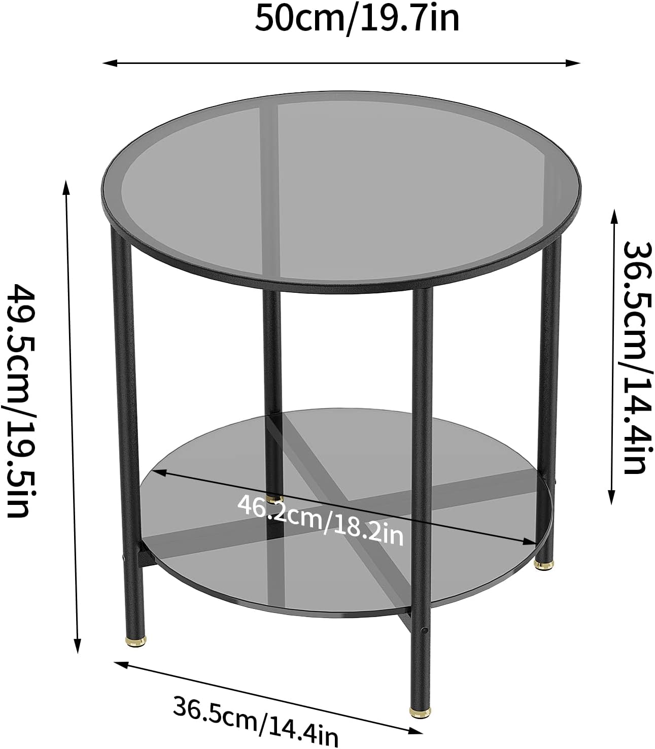 Wisfor Glass Round Side Table Small: 2 Tiers Modern Accent Tables Circle Diameter 50cm Slim Bedside Tables Gray Tinted Tempered Glass Top with Black Metal Frame for Home Office Furniture Decorative