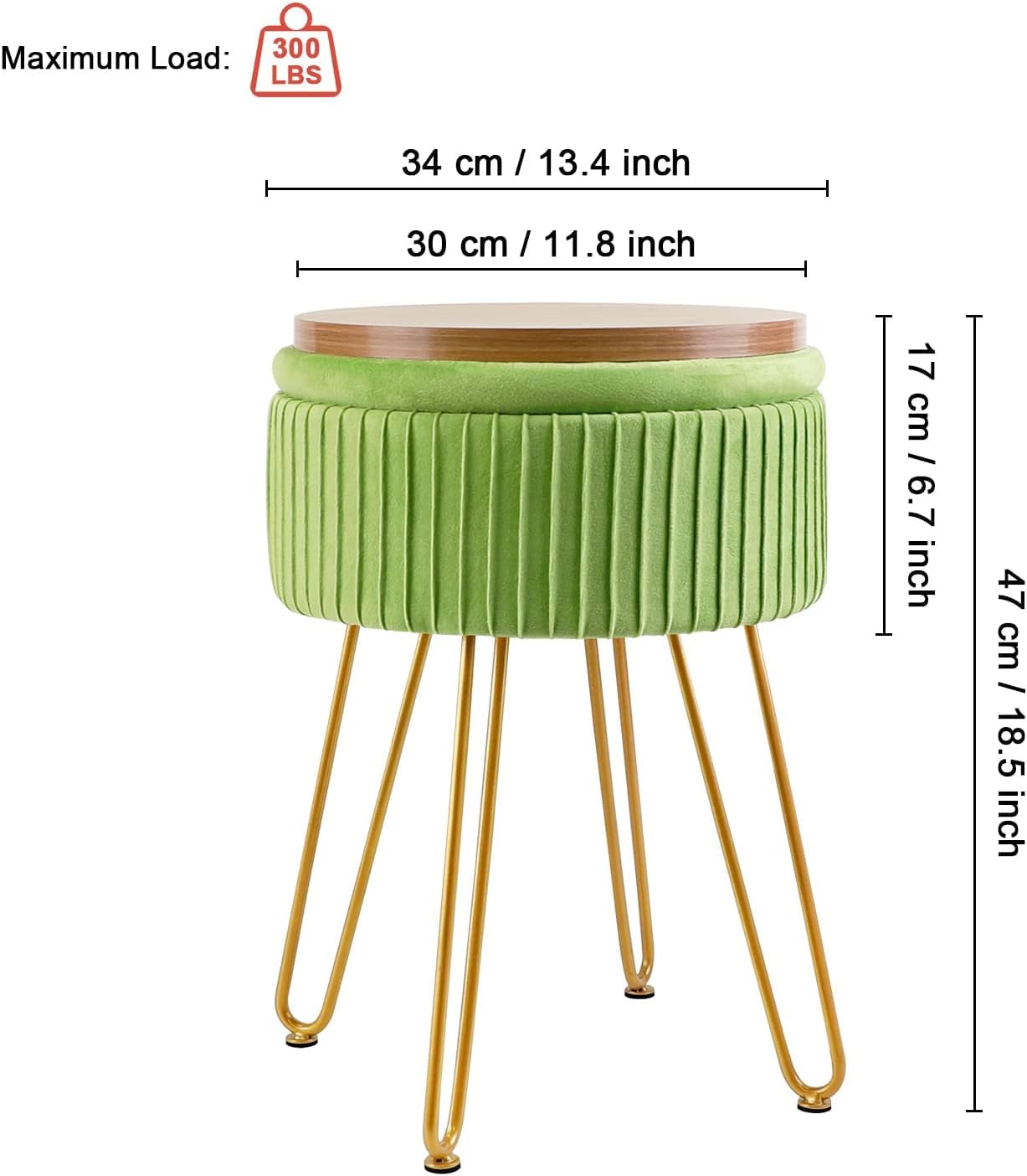 XTECH Stripe Velvet Vanity Chair Round Ottoman,Upholstered Vanity Makeup Footstool Side Table Dressing Chair with Golden Metal Legs (Green), DBXT7164-70