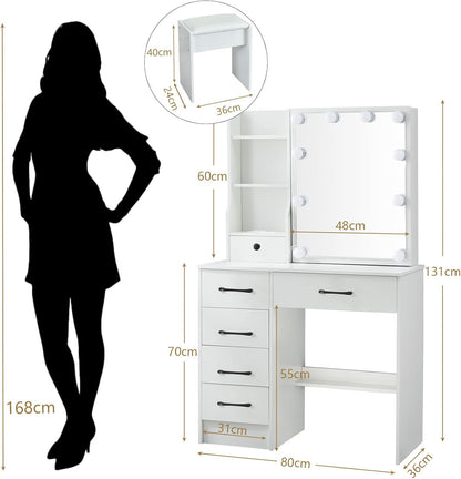 LIANWANG Dressing Table with LED Lighting, 3 Colour Temperatures, Adjustable Brightness, Dressing Table with Mirror for Make-Up, 6 Drawers, 1 Stool, 131 x 80 x 36 cm, White