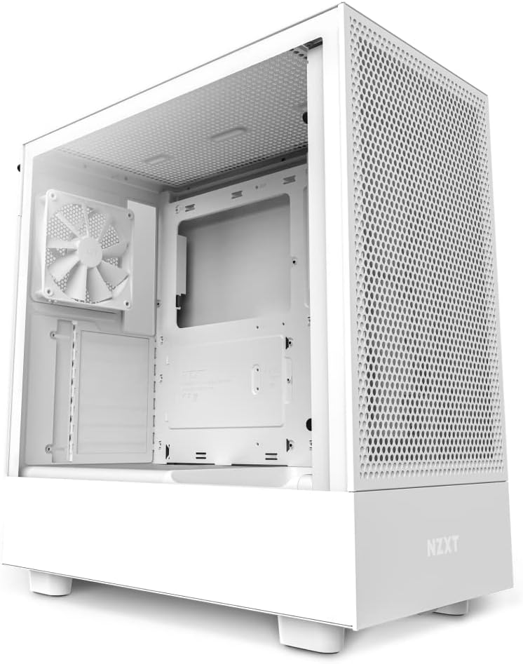 NZXT H5 Flow Compact ATX Mid-Tower PC Gaming Case – High Airflow Perforated Front Panel – Tempered Glass Side Panel – Cable Management – 2 x 120mm Fans Included – 280mm Radiator Support – White