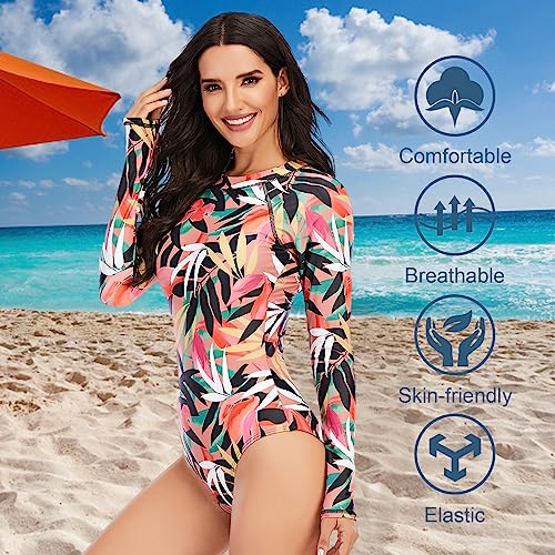 Maeau Women's Long Sleeve Rash Guard UV Protection Zipper Printed Surfing One Piece Swimsuit Bathing Suit