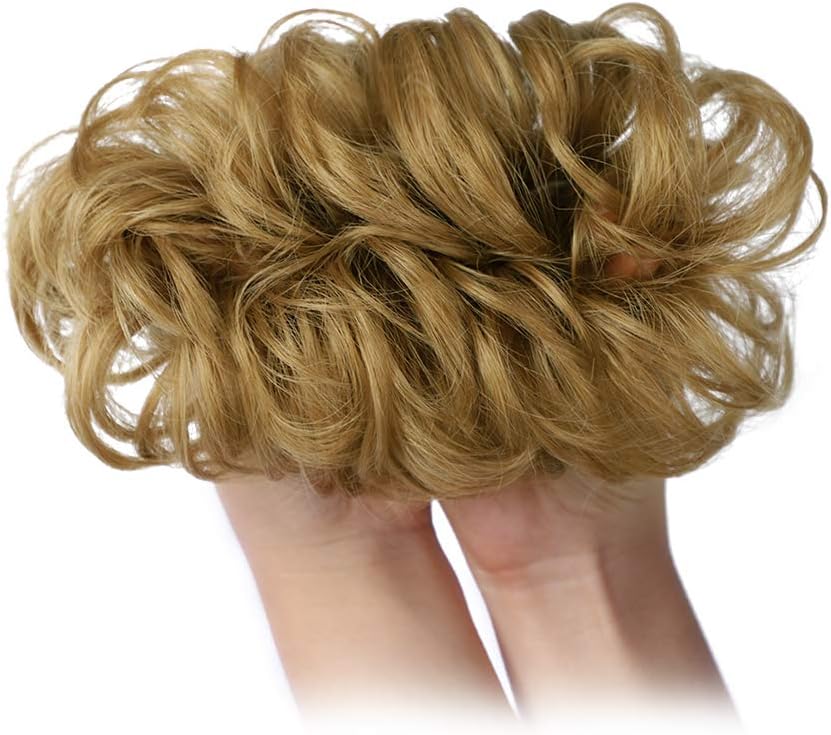 MORICA 1PCS Messy Hair Bun Hair Scrunchies Extension Curly Wavy Messy Synthetic Chignon for Women (12AH613(Light Golden Brown & Lightest Blonde))