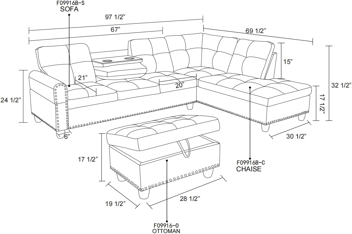 UBGO Sectional Living Room Furniture, L-Shape Couch with Ottomans and Chaise Lounge,Faux Synthetic Leather Nailhead Trim w/Cup Holders,3-Piece Sofa Set, Brown-B