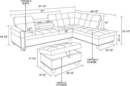 UBGO Sectional Living Room Furniture, L-Shape Couch with Ottomans and Chaise Lounge,Faux Synthetic Leather Nailhead Trim w/Cup Holders,3-Piece Sofa Set, Brown-B