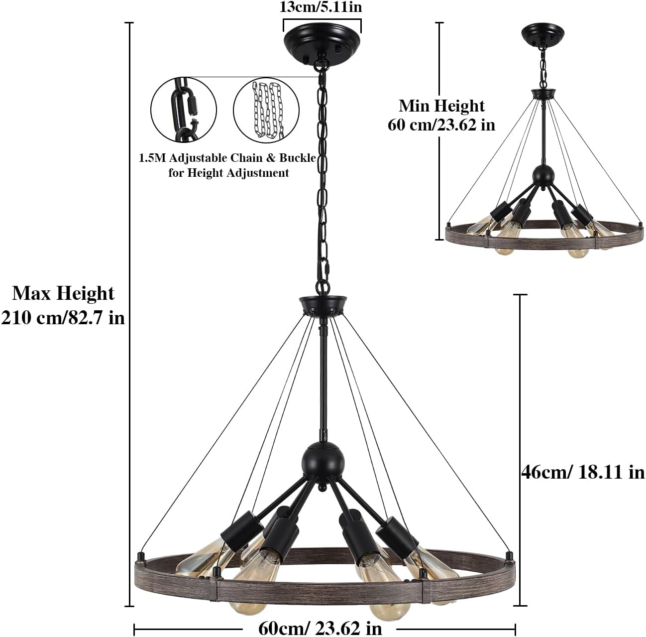 MRHYSWD Black Chandeliers Ceiling Lights Living Room, 6 Lights Pendant Light Fitting Industrial Ceiling Lighting for Kitchen Dining Room Bedroom Hall, Height Adjustable, E14 Bulbs (Exclude)