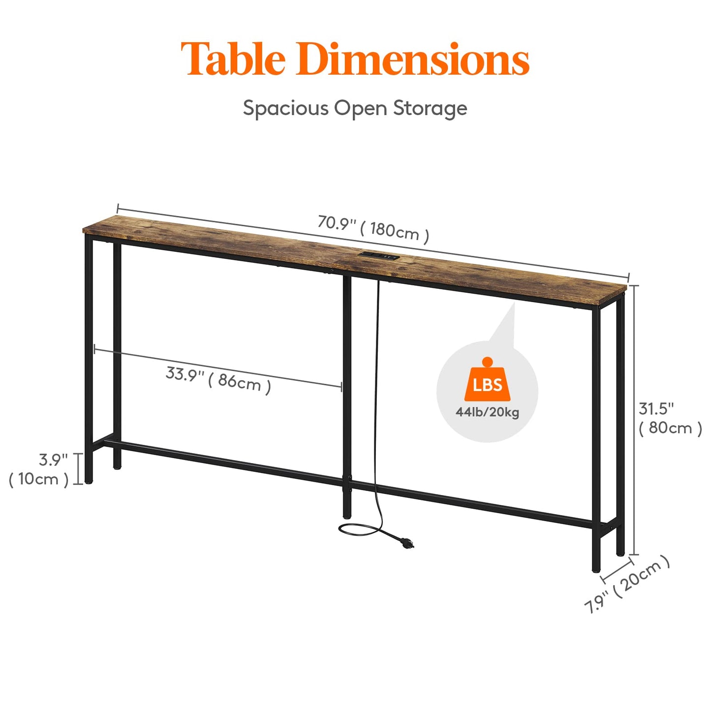 Lifewit Console Table, Narrow Sofa Table, Entrance Table with Power Station, Behind Couch Table, Industrial Style, for Living Room, Hallway, Entryway