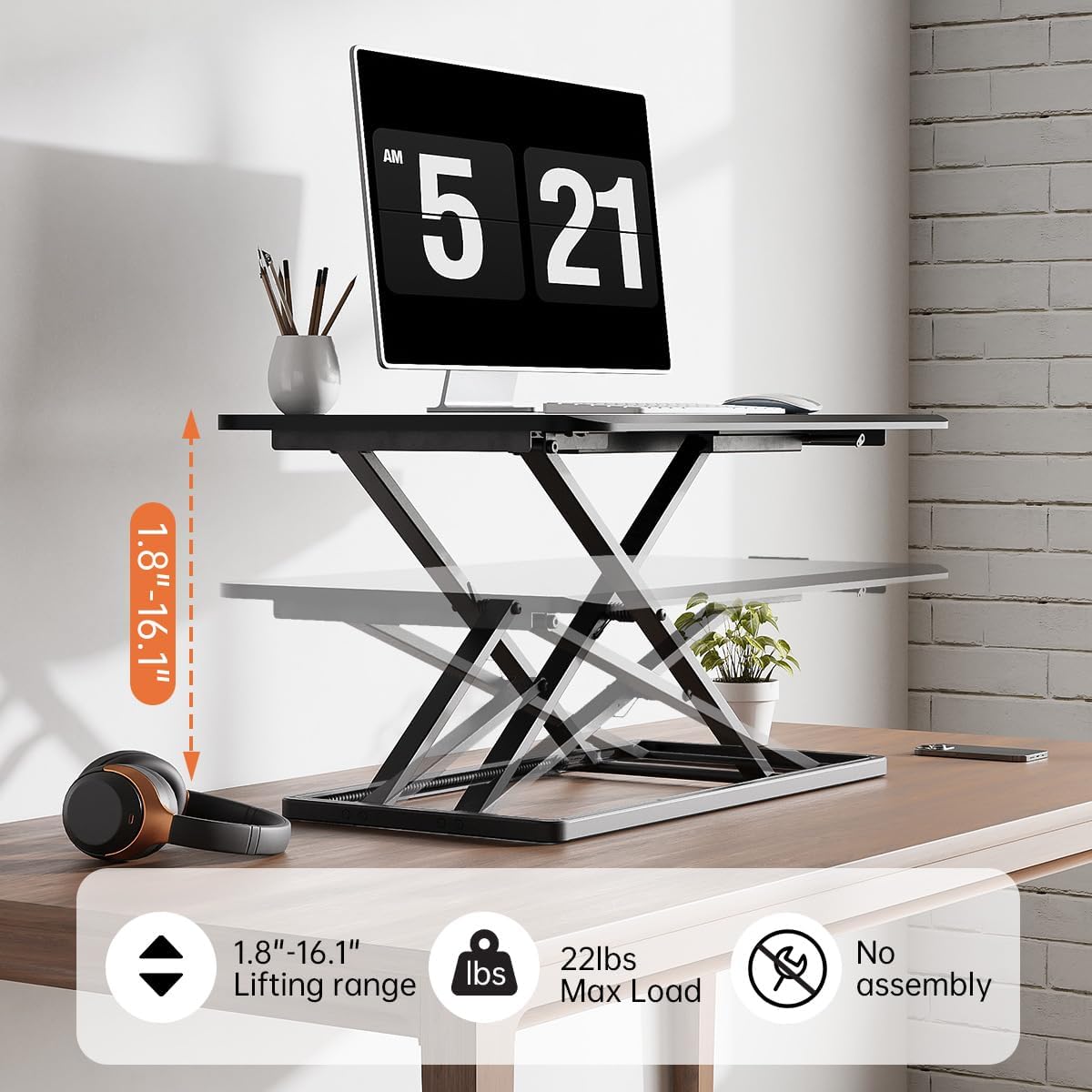 Joy Seeker 29.3 Inch Ultra-Thin Standing Desk Converter, Height Adjustable Sit Stand Desk Riser with Exclusive Handle and Safety Lock for Tabletop Monitor Laptop Riser Workstation, No Assembly Needed