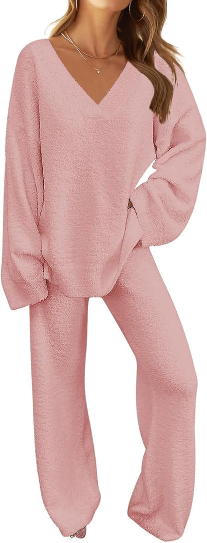 MEROKEETY Women's 2 Piece Outfits Fuzzy Fleece Pajama Set Long Sleeve Top Wide Leg Pants Loungewear