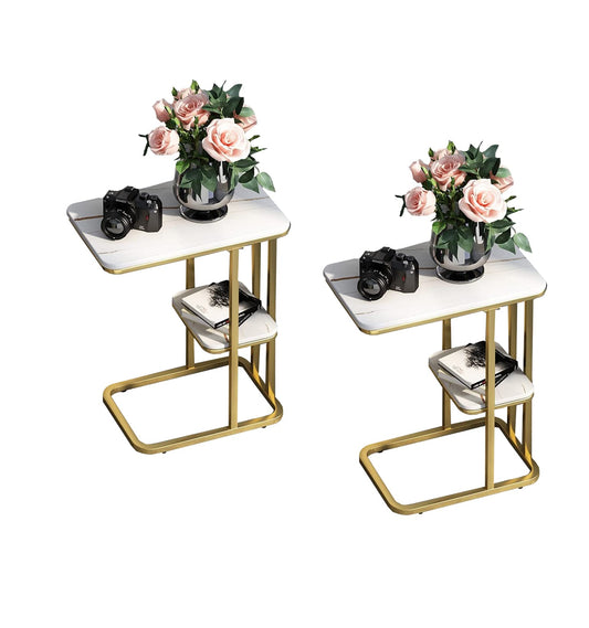 Coffee Tables for Living Room, Double-Layered Square End Side Tables Sofa Table, Modern Marble Nesting Table with Metal Frame Legs Set of 2 (White+square+Golden frame)