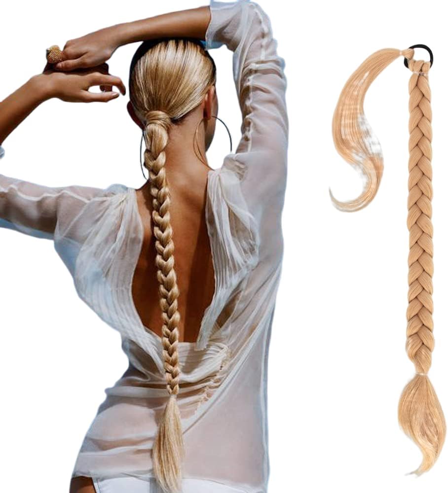 Goodern DIY Long Braided Ponytail Extension with Hair Band Elastic Rubber Straight Wrap Around Hair Extensions Natural Synthetic Hair Piece Soft Ponytail Wig for Girls Women Party Daily Wear-Blonde