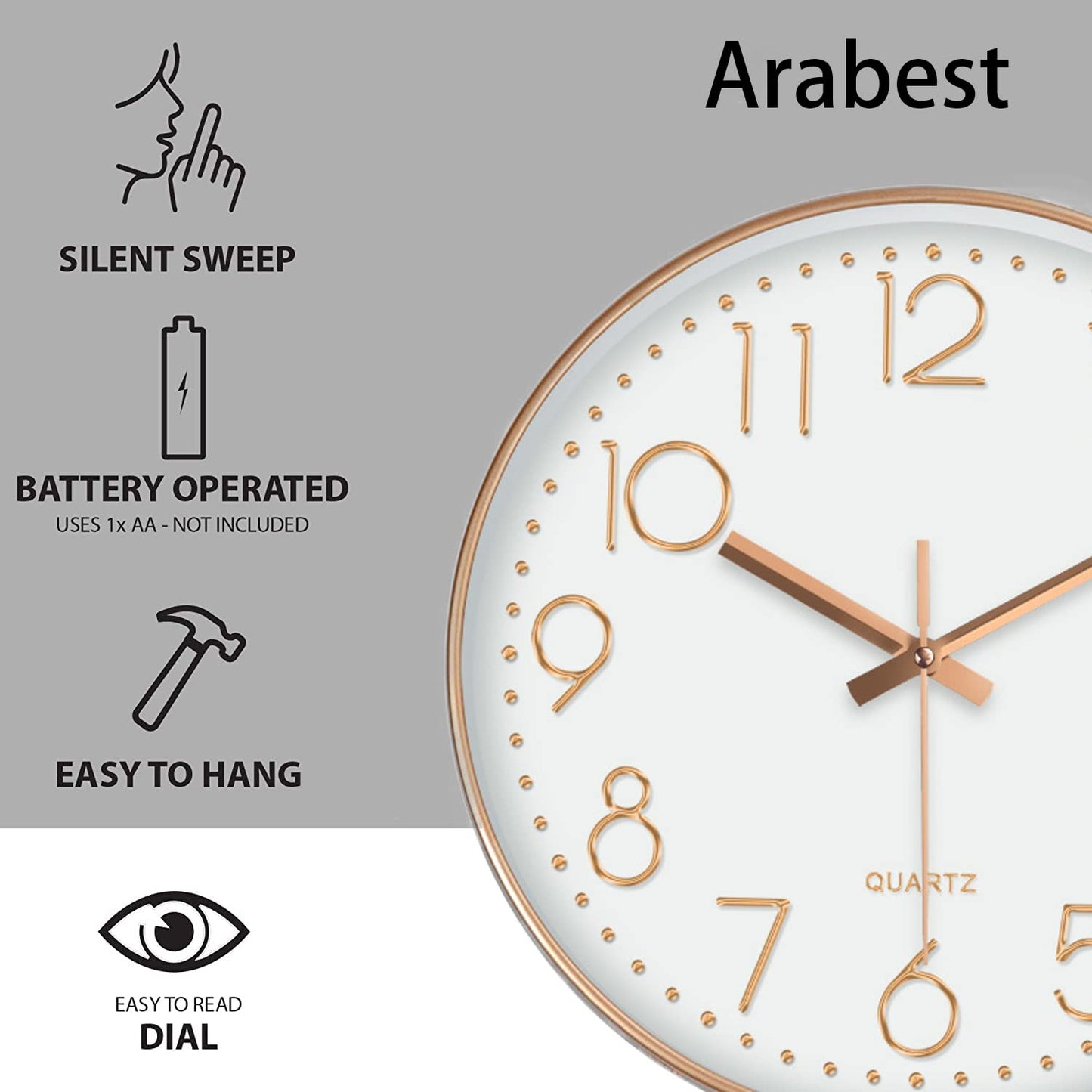 Arabest Wall Clock, Silent Non Ticking Quality Quartz Battery Operated, Round Easy to Read, Silent Wall Clock for Bedrrom, Living Room, Kitchen, Office, School Home Decor (Black)