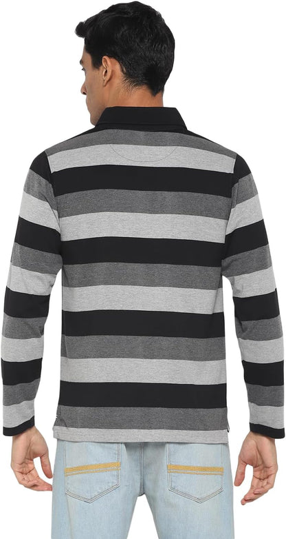 Deniklo Men's Polo Collar Full Sleeves Striped T-Shirt with Embroidery DK 240