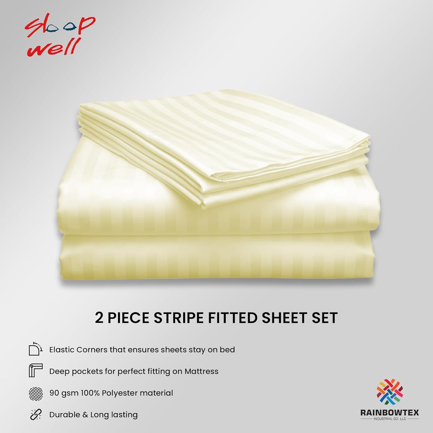 Sleep Well Microfiber Stripe Fitted Sheet with 2 Pillowcase Set - 150x200+17cm (White)