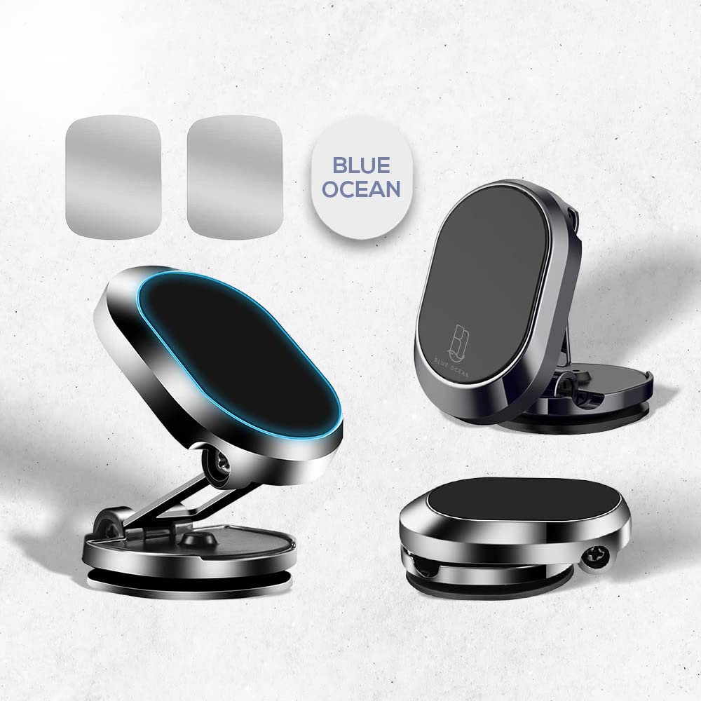 BLUE OCEAN Magnetic Car Phone Holder Foldable Dashboard Cell Phone Car Mounts 360 Adjustable Rotation Mobile Magnet Holder Car Aluminum perfect For Table Kitchen and any location (MODEL A - 360º)