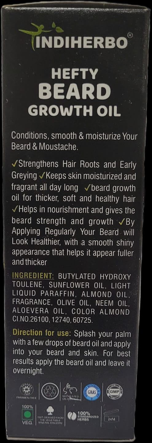 INDIHERBO Hefty Beard Growth Oil 50 ml With Olive Almond Sunflower, Best Beard Oil For Men