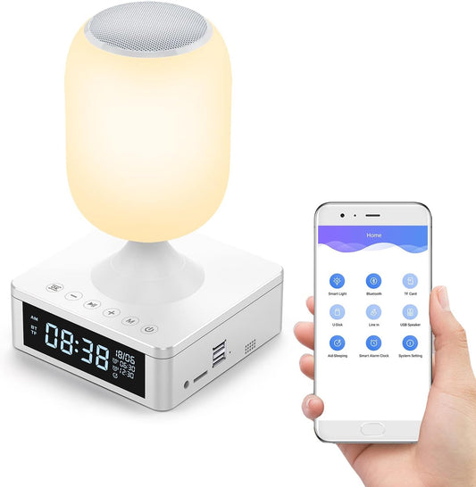 LED Table Lamp,Music Bedside Lamp with 2 USB Ports,Sunrise Alarm Clock, Touch Control Nightstand Reading Light,APP Control Easy Setting Light with Dimmable Mirror LED Display for kids and adults