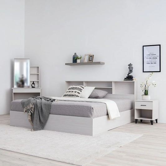 Danube Home Gamorah 5 Pieces Bed Set King Size (180X200Cm) + Night Stand + Dresser And Stool With Mirror | Comfortable Bedset Full | Sturdy Modern Design Wooden Bed Room Set Furniture (Washed White)