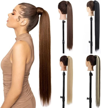 Long Straight Ponytail Extension Wrap Around Off Black Synthetic Hair Extensions One Piece Hairpiece Pony Tail Extension for Women (STRAIGHT, 1B)