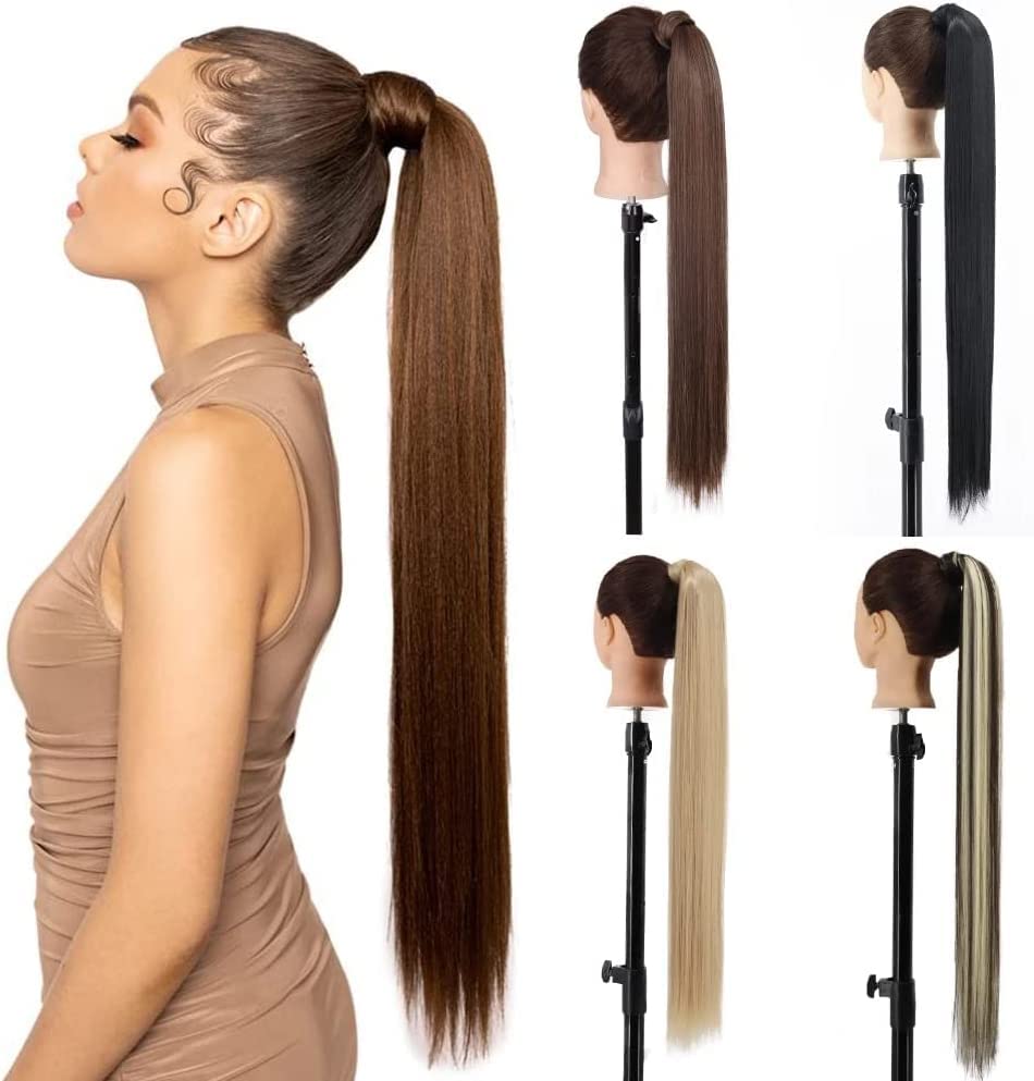 Long Straight Ponytail Extension Wrap Around Off Black Synthetic Hair Extensions One Piece Hairpiece Pony Tail Extension for Women (STRAIGHT, 1B)