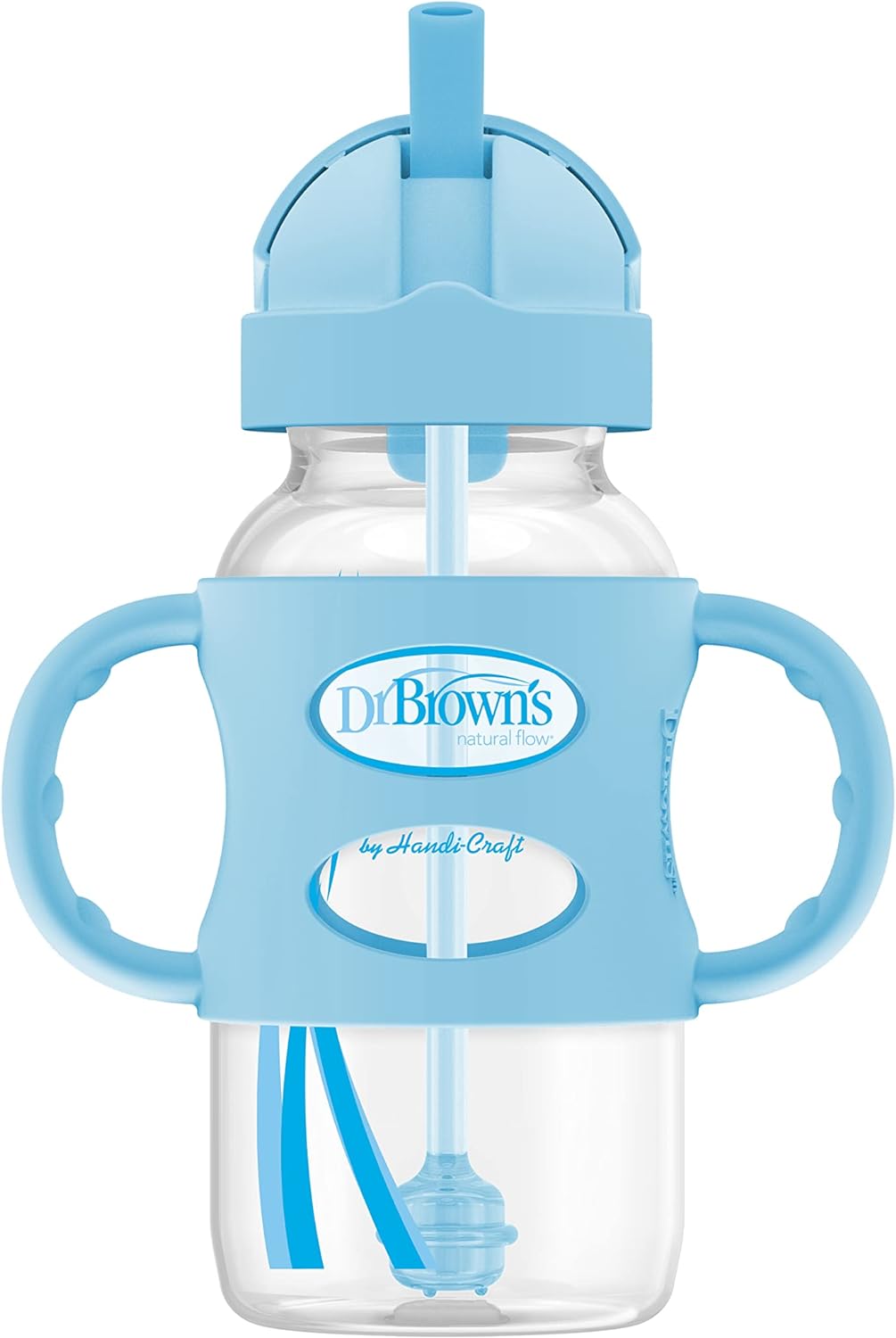 Dr. Brown’s® Milestones™ Narrow Sippy Straw Bottle with 100% Silicone Handles, 8oz/250mL, Gray & Blue, 2 Pack, 6m+