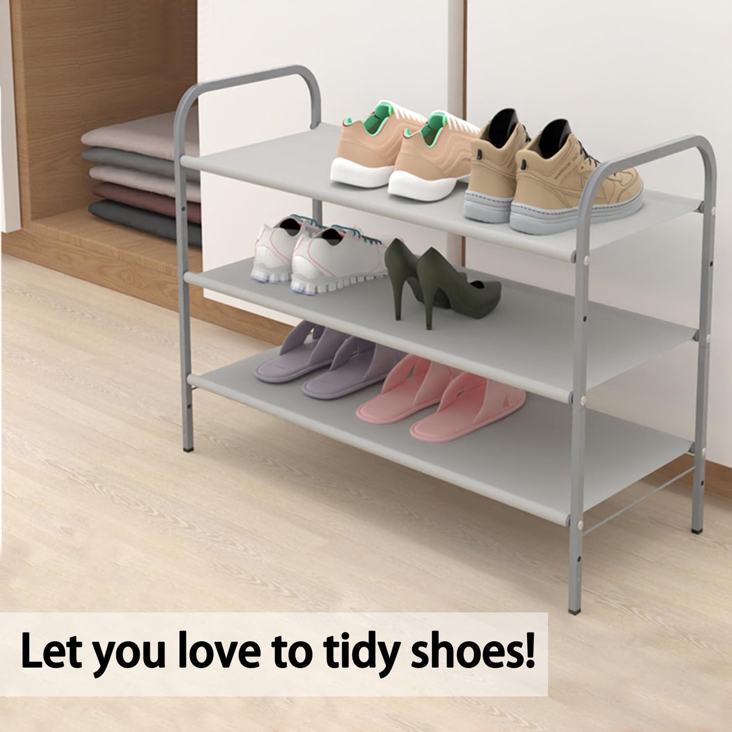 3-Tier Shoe Rack for Closet Shoe Organizer for Closet Floor Entryway Storage Stackable Wide Shoe Shelf Stores 16 Pairs of Sneakers, Grey