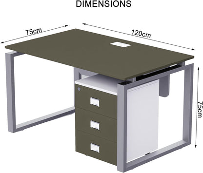 Mahmayi Carre Modern Workstation- Office Furniture with Steel Square Metal Legs, Silver Modesty Panel, Wood 3 Drawer Mobile Storage Unit, Tempered Glass Top for Office Executives, Home (140CM, White)