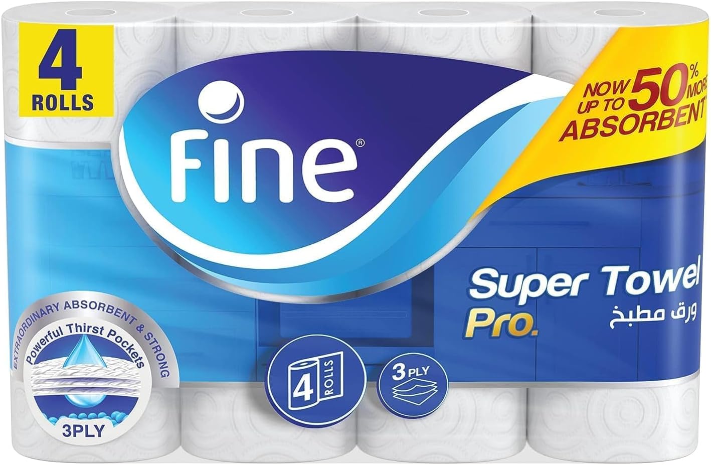 Fine Kitchen Paper Towel Roll, 60 Sheets X 3 Ply, 4 Rolls. Fine Super Pro, Sterilized Tissues For Germ Protection, Half Perforated