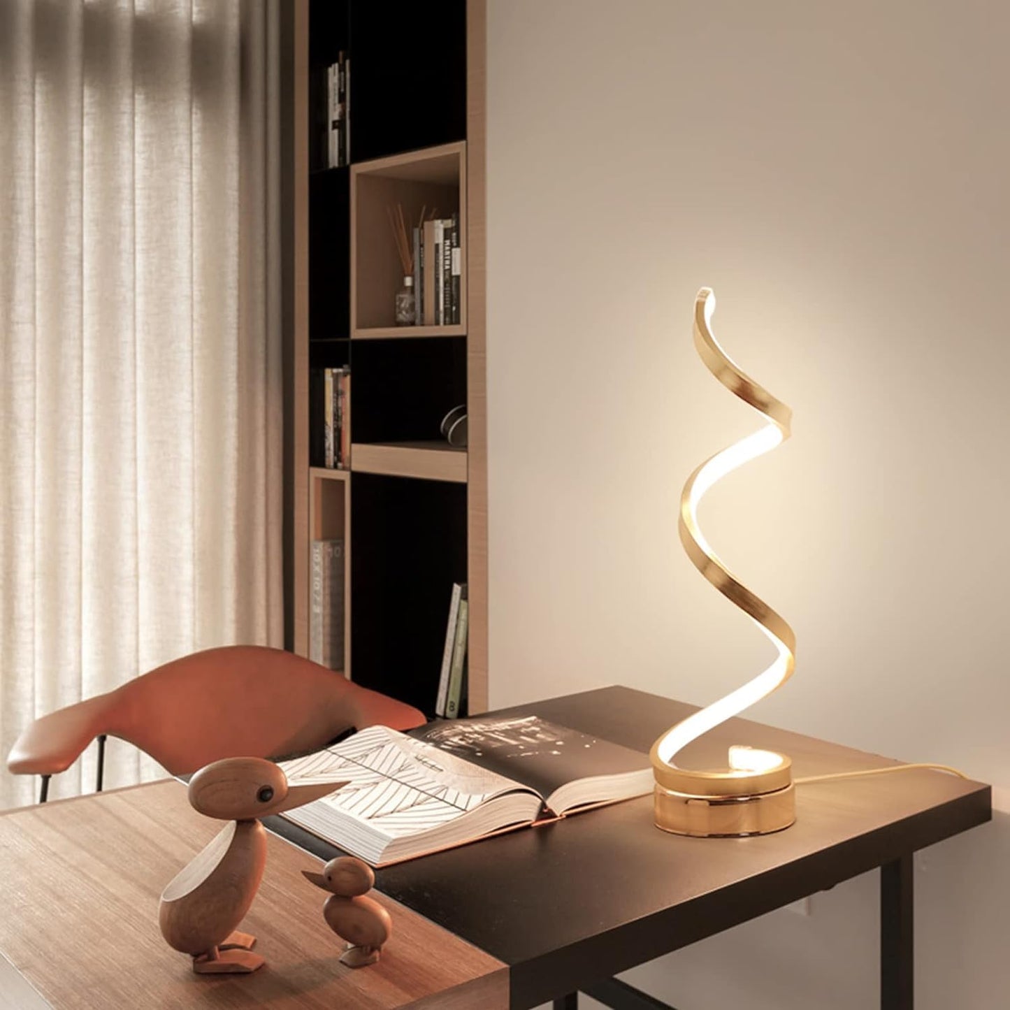 HOCC Spiral LED Table Lamp, Curved LED Desk Lamp, Contemporary Minimalist Lighting Design, Warm White Light, Smart Acrylic Perfect Material for Bedroom Living Room (Gold)