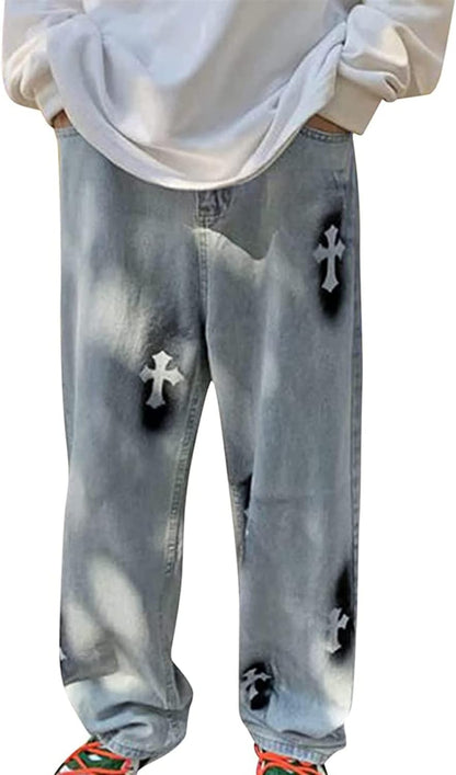 Men Jeans Baggy Straight Relaxed Cargo Work Pants With Pockets, Men's Loose Hip-hop Printed Baggy Denim Jeans