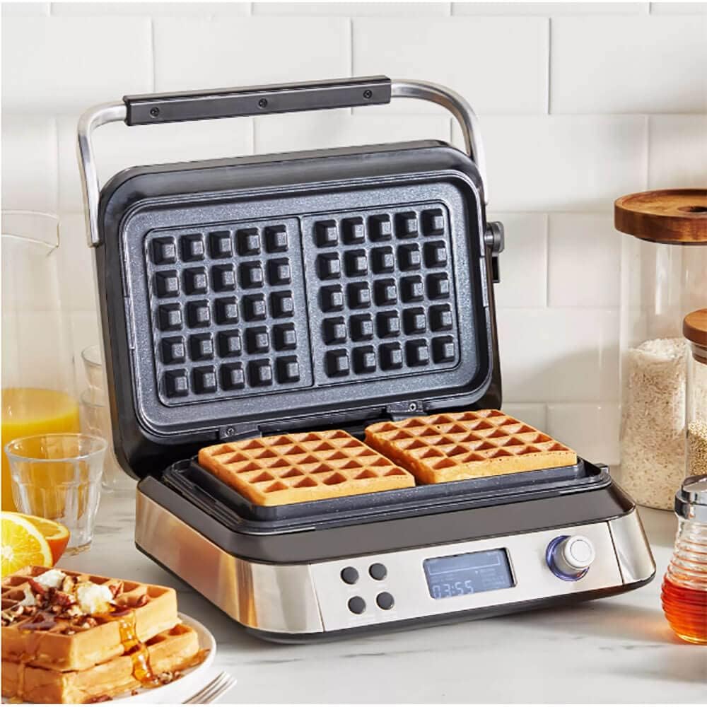 GreenPan Stainless Steel 2-Slice Belgian Waffle Maker Iron, Healthy Ceramic Nonstick Plates, Adjustable settings and Presets, Easy-to-use LED Display