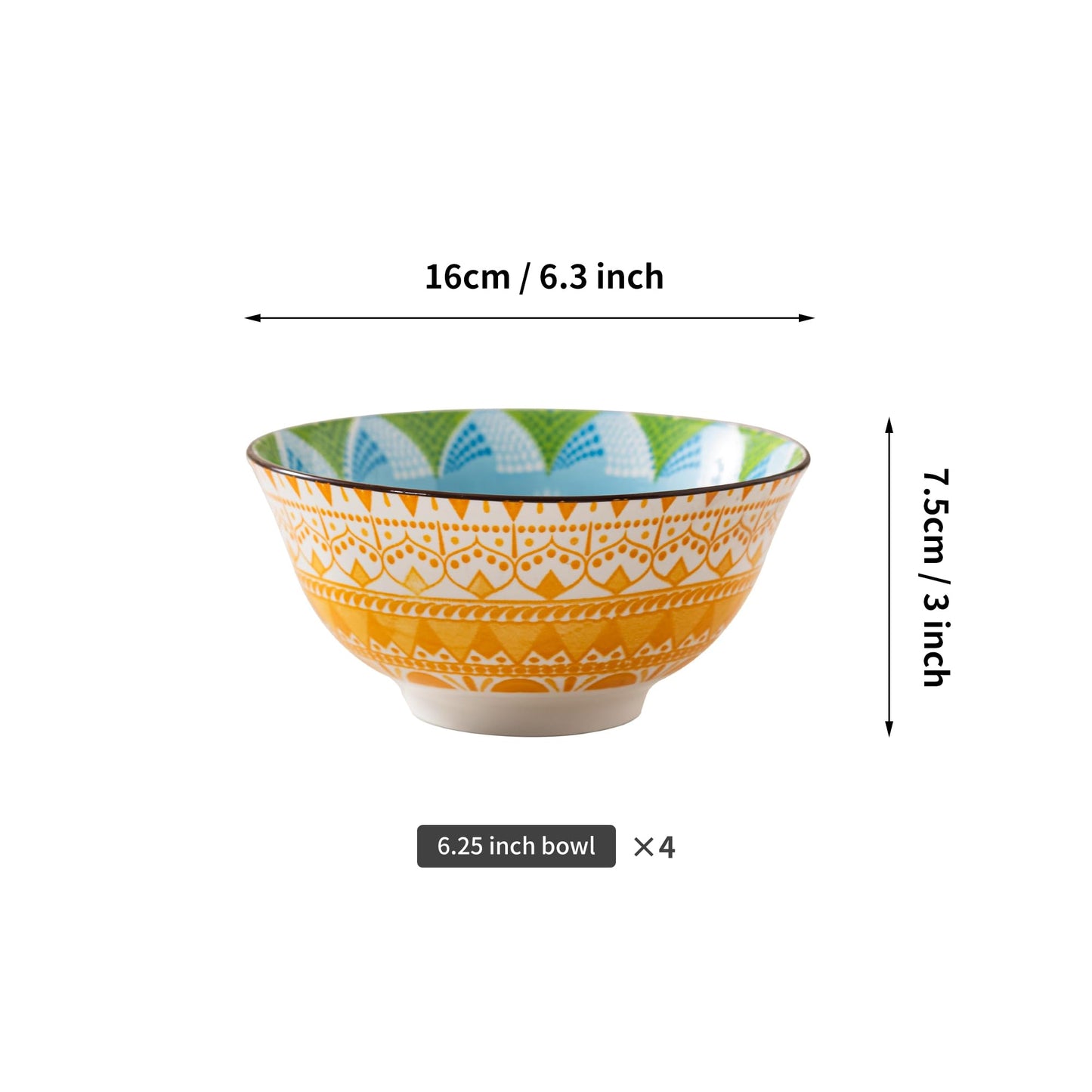 Techplus Set of 4 Geometric Pattern Ceramic Bowls – 6.25 Inch Yellow and Blue Design – Microwave, Dishwasher, Oven Safe – Perfect for Salads, Pasta, Soup – Stylish Gift for Kitchen Lovers