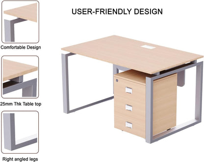 Mahmayi Carre Modern Workstation- Office Furniture with Steel Square Metal Legs, Silver Modesty Panel, Wood 3 Drawer Mobile Storage Unit, Tempered Glass Top for Office Executives, Home (140CM, White)