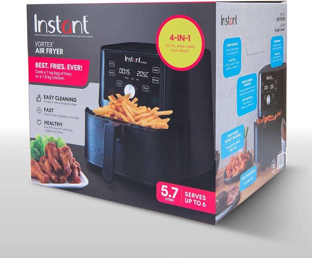 Instant Brands Vortex Air Fryer, 5.7 L 6Quart, 4 OneTouch Cooking Programs, Digital Touchscreen, Large square NonStick Fryer Basket, INP140306601GC, Black